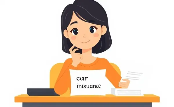 A young woman pondering over car insurance paperwork at a desk