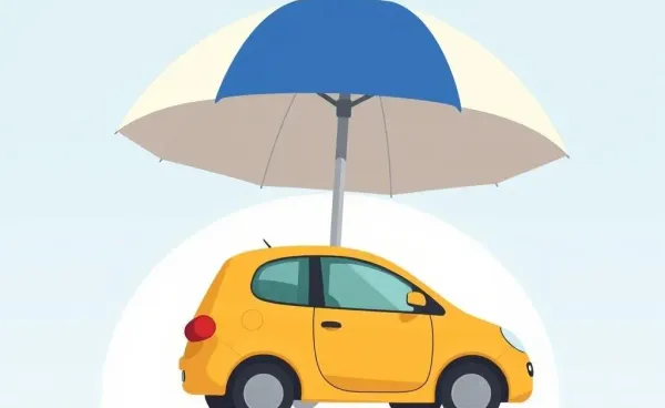 Cartoon car parked under an insurance umbrella