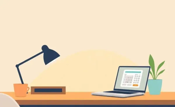 A cozy home office desk with a laptop displaying a car loan calculator