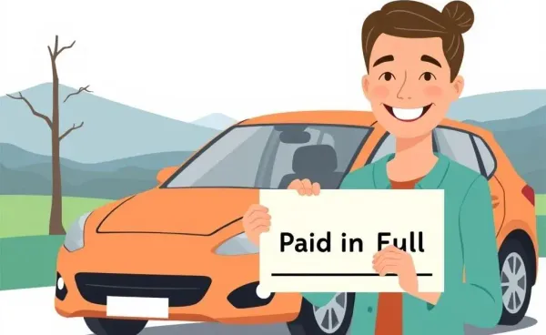 A person happily holding a 'Paid in Full' notice next to their car.