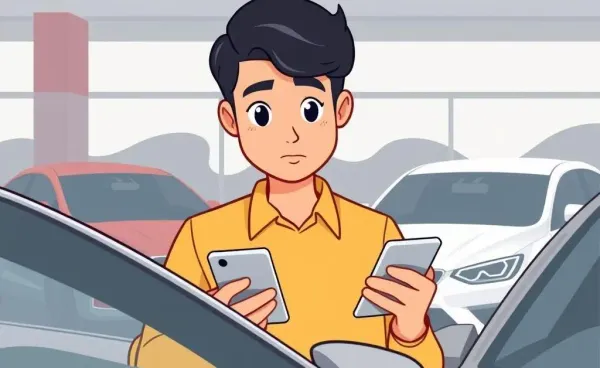 Person at a car dealership, pondering a car purchase with a calculator