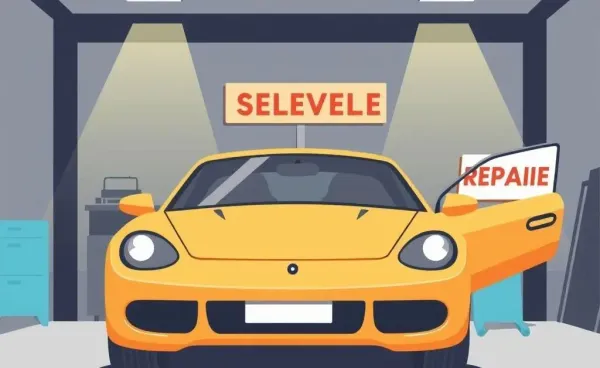 An illustrated image showing a car under repair with a salvage title.