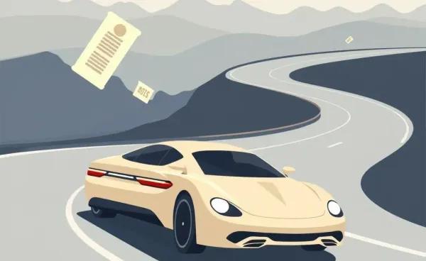 Illustration of a car speeding along a road with visible ticket fines