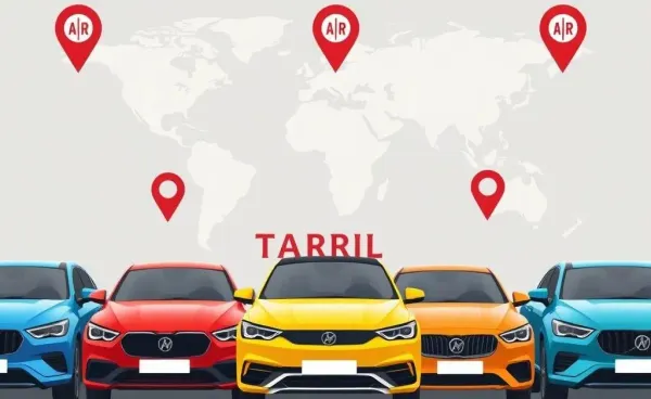Cars in front of a global map with tariff symbols