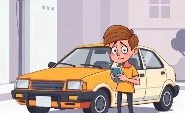 Person looking at broken-down car while using smartphone for help