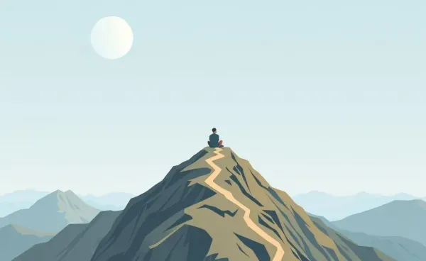 An illustration of a person contemplating career paths from a mountain top.