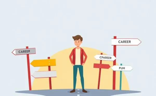 A person at a crossroads with career option signposts