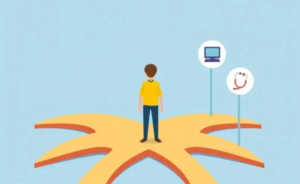 An illustration of a person at a crossroads choosing a career path.