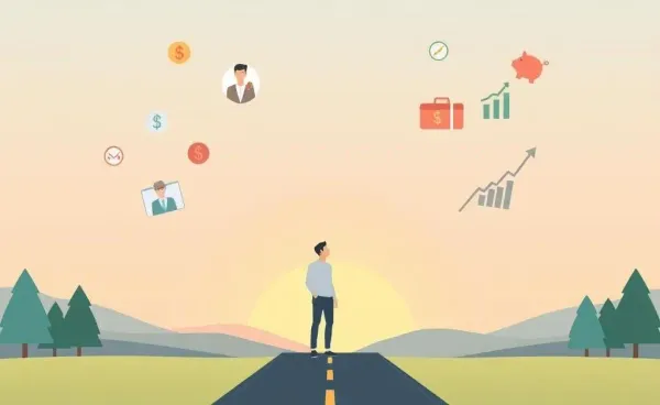 A person contemplating different career paths with financial symbols around them