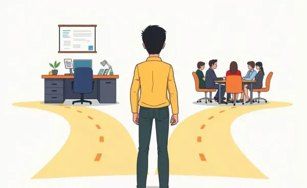 Person at a career crossroads choosing between underwriting and brokerage