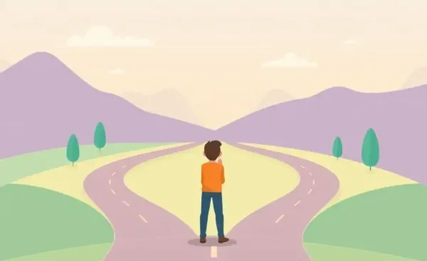 A person at a crossroads, pondering career options in investment banking.