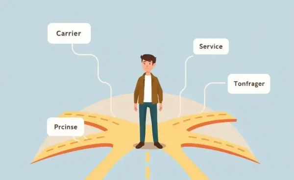 Illustration of person at a career crossroads with multiple paths