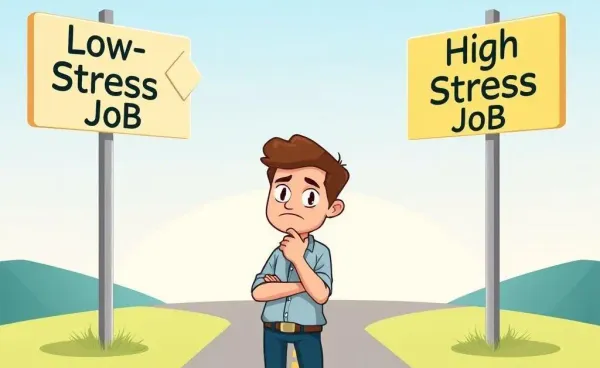 Person at a crossroads deciding between low-stress and high-stress jobs