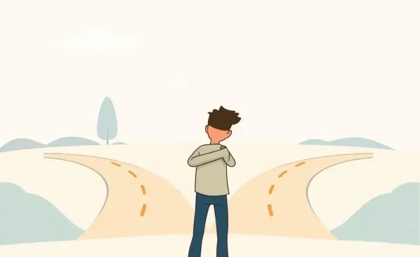 Cartoon of a person standing at a crossroads, deciding on a career direction.
