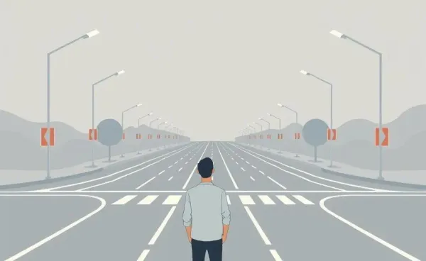 An individual standing at a crossroads, pondering over different paths.
