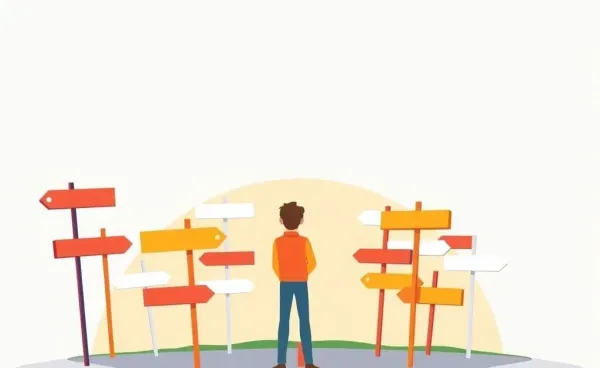 A cartoon person at a crossroads with multiple career signposts