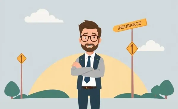 A cartoon-style insurance professional standing at a crossroads with directional signs