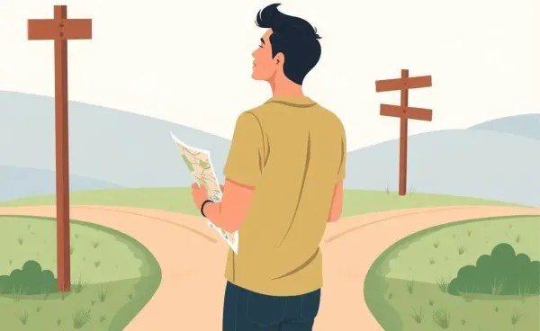 A person standing at a crossroads, holding a roadmap, looking thoughtful