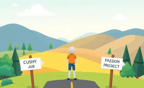 Person at a crossroads between a cushy job and a passion project