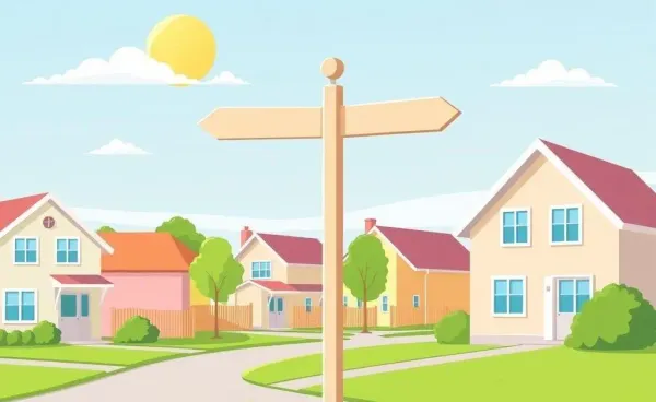 A cartoon drawing of a crossroads signpost with various directional signs labeled 'Career', 'Family', and 'Finance' in a suburban setting.