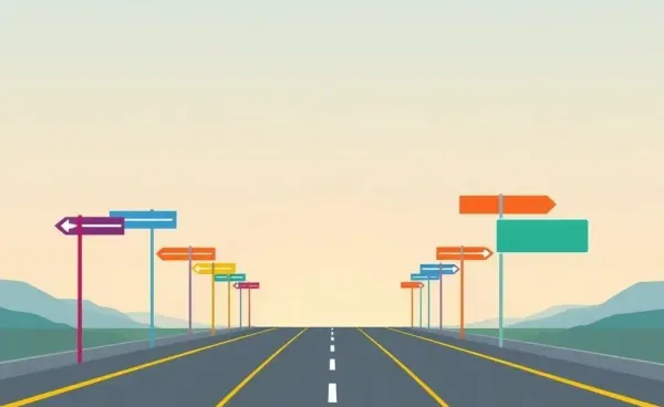 A depiction of an open road with various direction signs.
