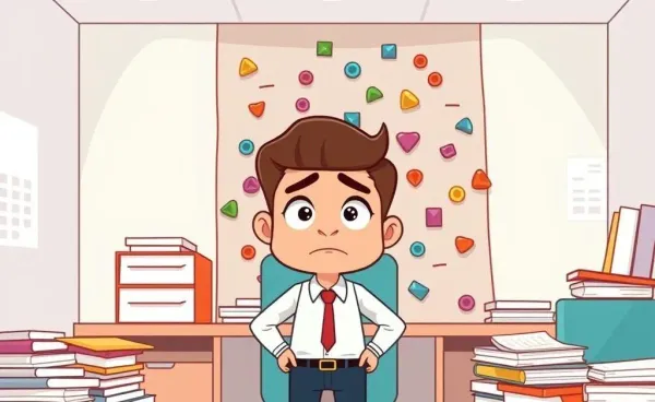 A cartoon of a person navigating career growth challenges in an office setting
