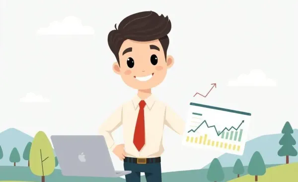 A cartoon-style illustration of a professional with financial symbols and a laptop, representing a career in finance