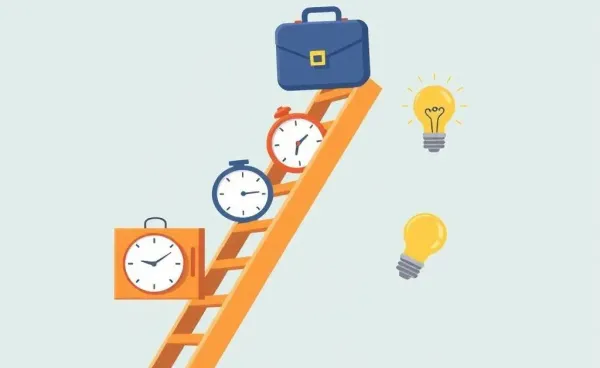Cartoon illustration of a career ladder with success symbols