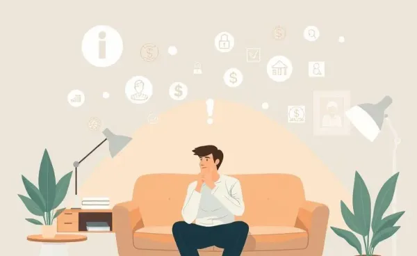 A person in a cozy office pondering insurance career paths surrounded by icons.