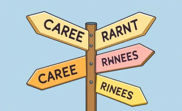 A cartoon-style image depicting a crossroad with career path signs.