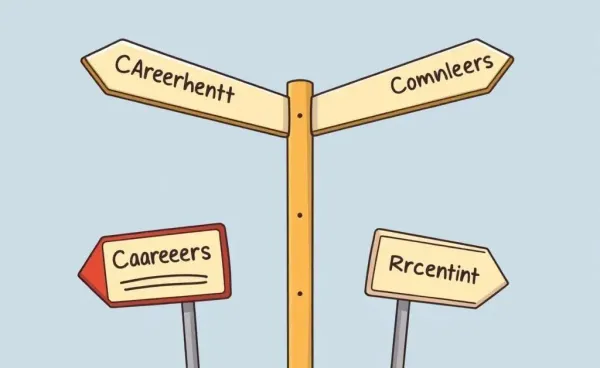 Illustration of a crossroads with signs pointing towards different career opportunities
