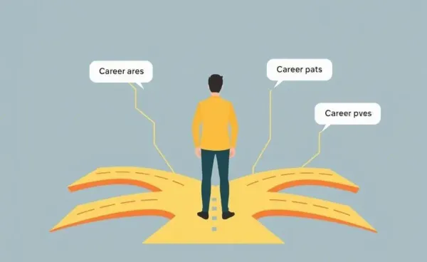 An illustration showing a person standing at a career crossroads