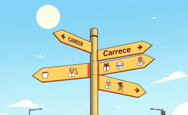 A signpost depicting various career paths under a sunny sky