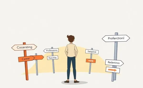 A person standing at a crossroads with career path signs.