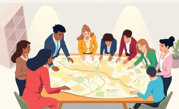 Diverse professionals exploring career paths on a map