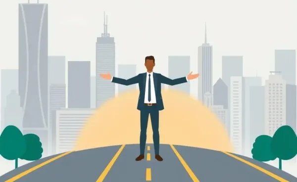 Individual standing at a career path crossroads with skyscrapers in the background