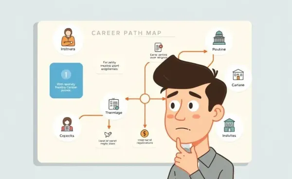 Illustration of a person examining a career path map with insurance-themed icons