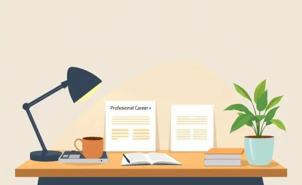 Desk with career planning documents and a coffee mug.