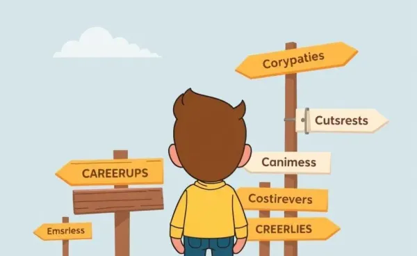 A person contemplating different career paths with signposts