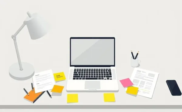 A laptop surrounded by sticky notes and career plans on a desk