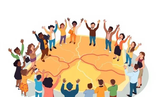 A diverse group of people gathered around a large career roadmap.