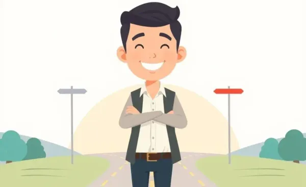 A young professional at a career crossroads, smiling and looking optimistic