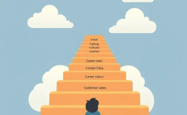 A person looking at a staircase leading upwards with career roles on each step.