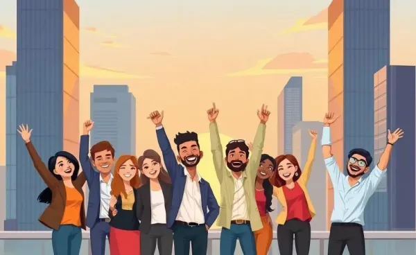 A diverse group of happy people celebrating career success against a city backdrop.