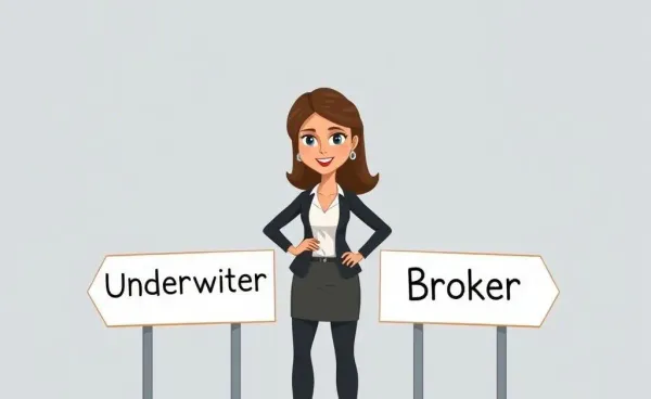 Woman standing confidently at crossroads between underwriter and broker