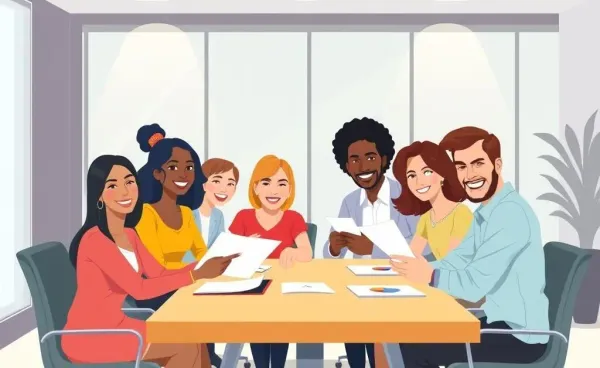 People in their 30s discussing financial careers in an office.