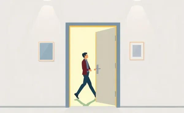 A person confidently entering a new office, symbolizing career transition
