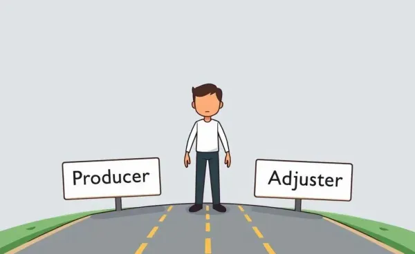 A person at a crossroads between career paths as a producer or adjuster.