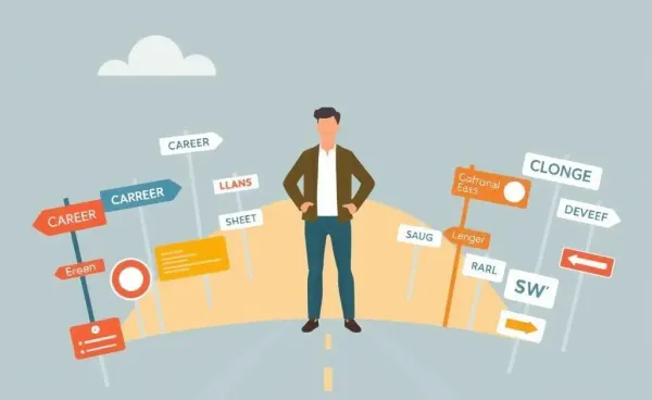A cartoon depiction of a person at a career crossroads.