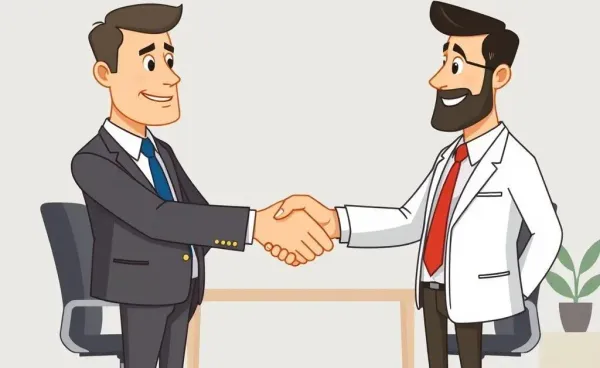 Illustration of a handshake symbolizing a career transition from underwriter to broker